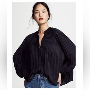 Vince Chevron Accordion Pleat Blouson Blouse Top Chic Quiet Luxury Pirate Sz L